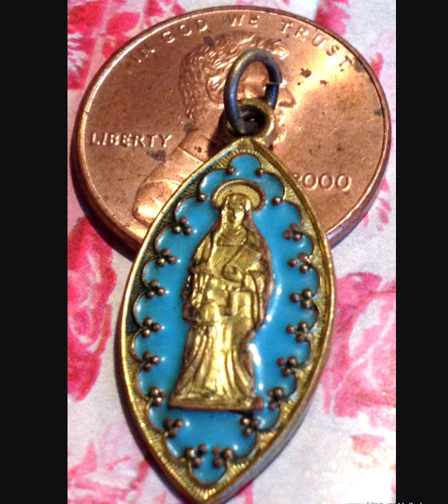 Thumbnail: Vintage French Holy Medal, Saint Anne and Virgin Mary, Gold and Blue Enamel
