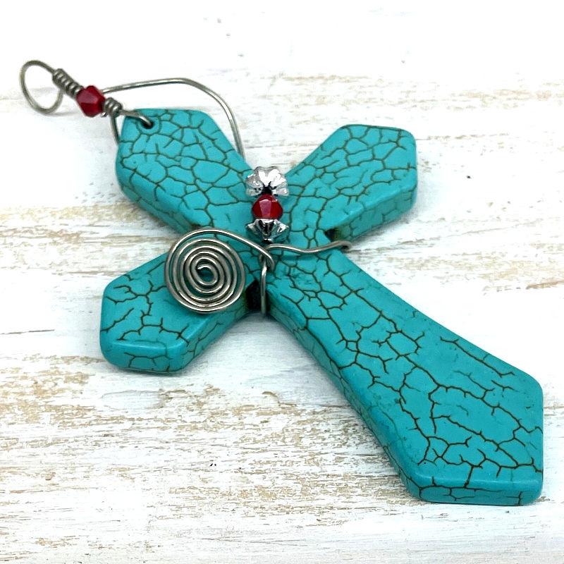 Thumbnail: Large Boho Chic Cross Pendant, Wire Wrapped, Turquoise Howlite and Coral