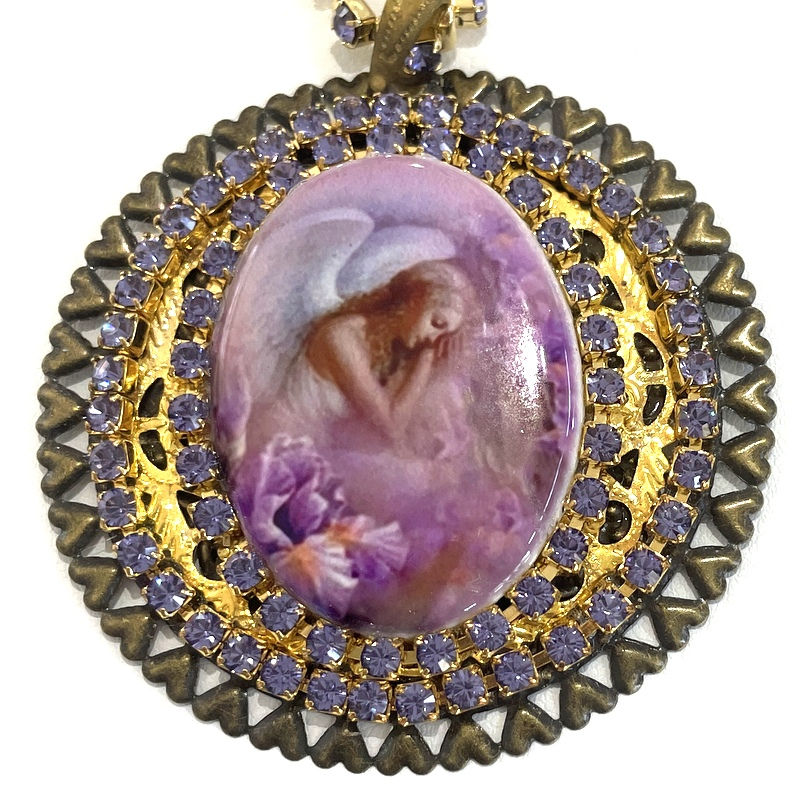 Thumbnail: Lavender Angel Cameo Necklace and Earring Set, Violet Rhinestones