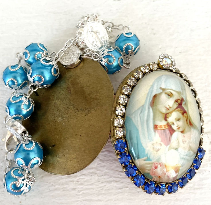 Thumbnail: Madonna and Child Locket, Prayer Beads, Cameo Pendant, Catholic Jewelry