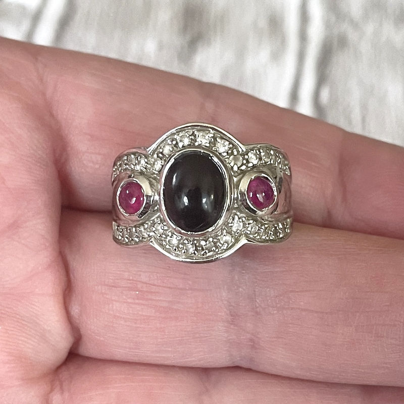 Thumbnail: Vintage Etruscan Ring, Ruby, Onyx, Byzantine, Estate Jewelry