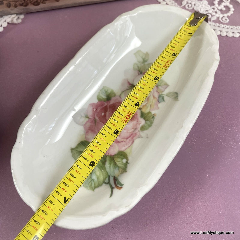 Thumbnail: Antique Dresser Tray - Pink Roses White Porcelain Shabby Chic Trinket Dish