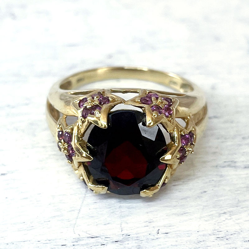 Thumbnail: Vintage 14k Gold Mozambique Garnet Ring Rhodolite Garnet Flowers, Statement Ring