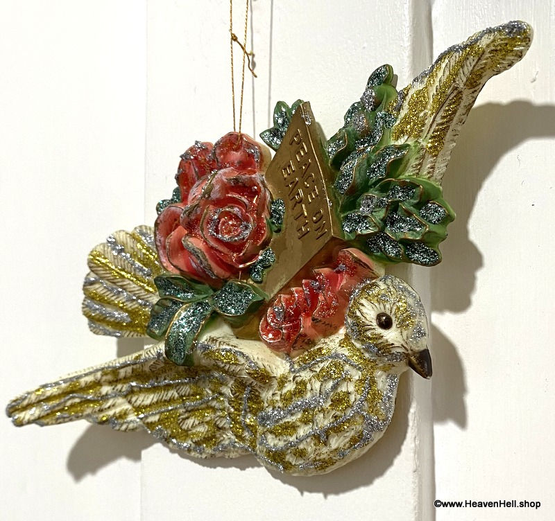Thumbnail: Large Vintage Glitter Covered Dove Christmas Ornament Peace on Earth