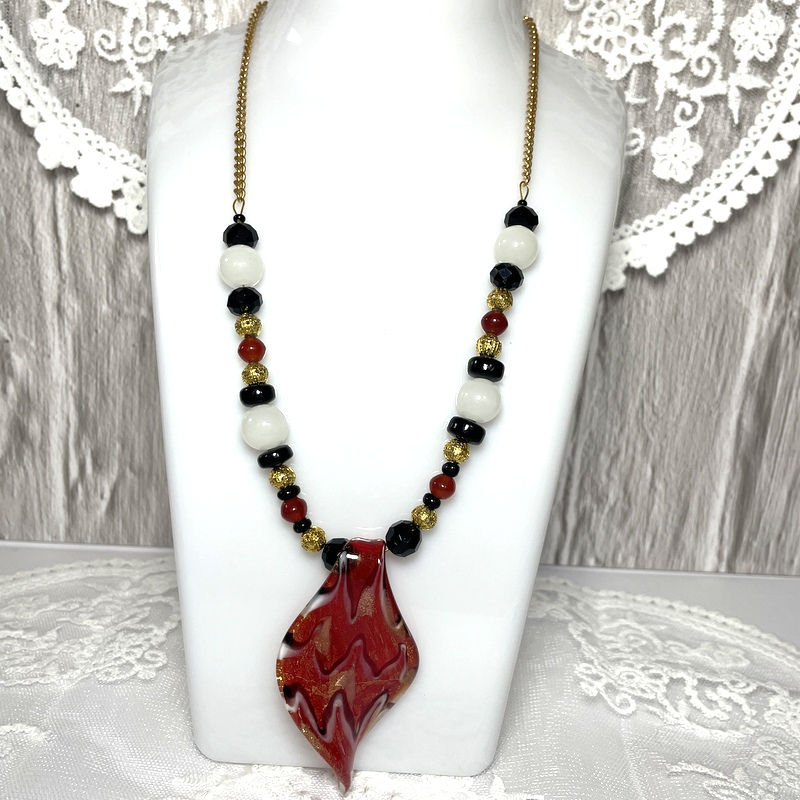 Thumbnail: Retro Style Dichroic Glass Glitter Necklace, Carnelian Beads, Handmade Jewelry