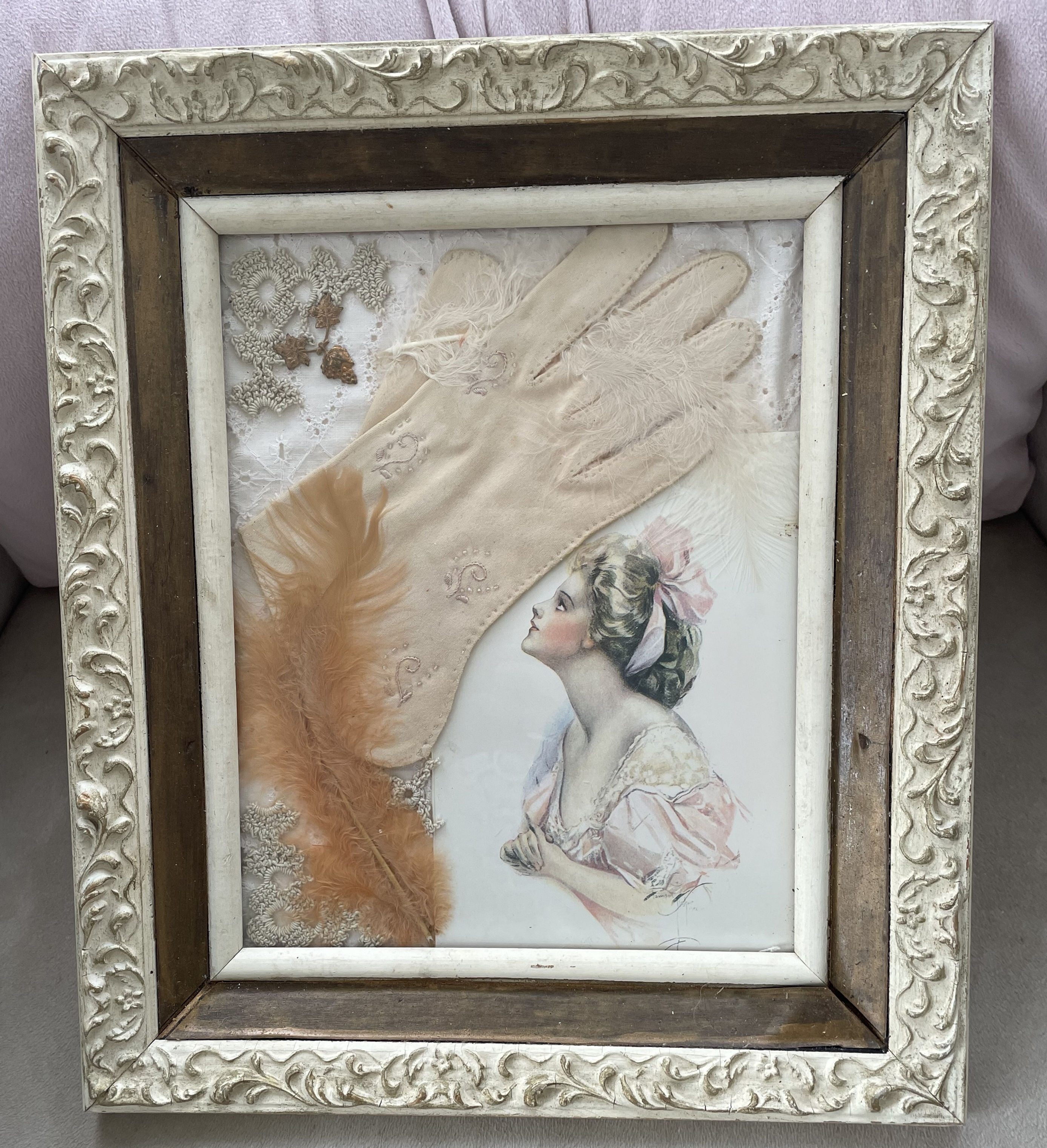 Shabby Harrison Fisher Art Print Collage Vintage White wood Frame Pink Glove