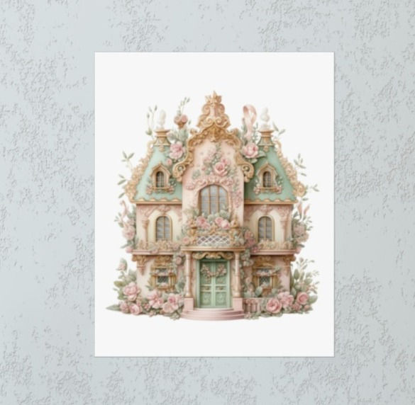 Shabby Chic Wall Decor Victorian House Art Print Green & Pink roses