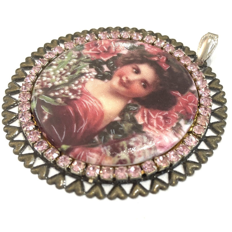 Thumbnail: Victorian Girl with Roses Art Pendant, Porcelain Cameo, Pink Rhinestone Ornament