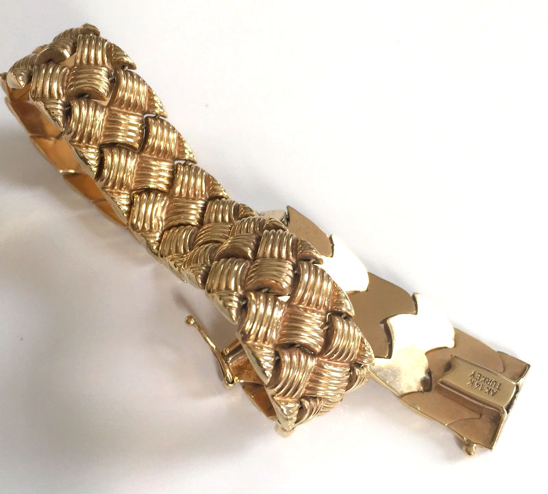 Thumbnail: Vintage Unisex 14k Gold Wide Stampato Bracelet,Turkey, Solid Yellow gold 13grams