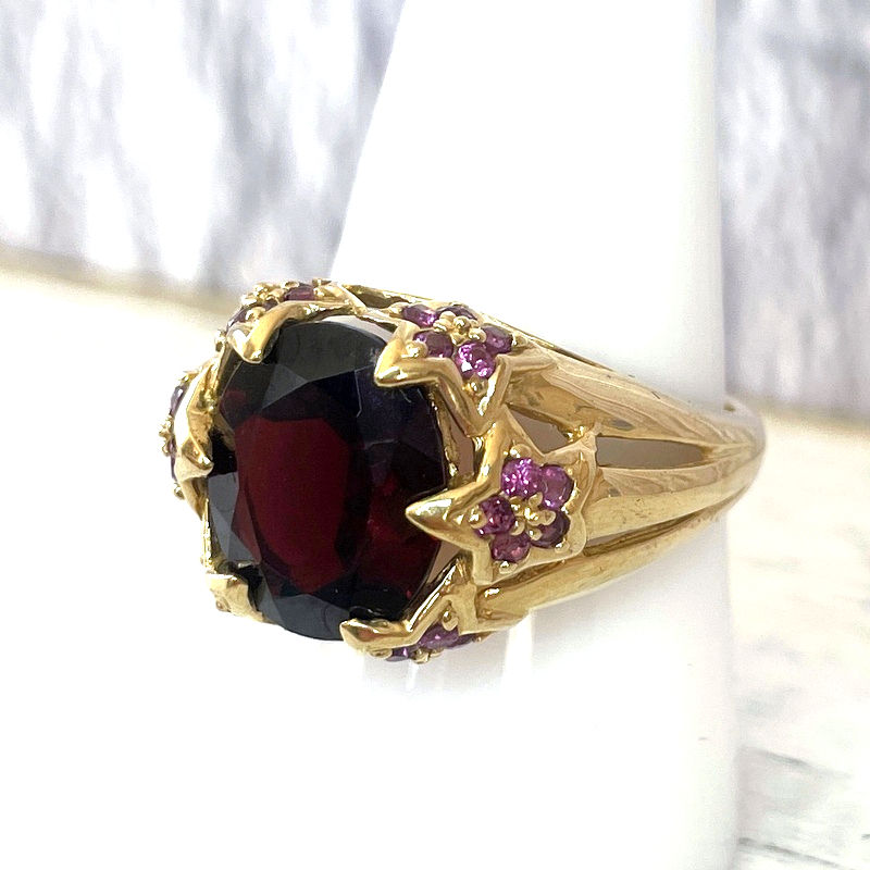 Thumbnail: Vintage 14k Gold Mozambique Garnet Ring Rhodolite Garnet Flowers, Statement Ring