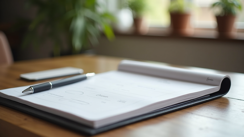 Close-up de mesa com caderno, caneta e laptop para planejamento de negócios
