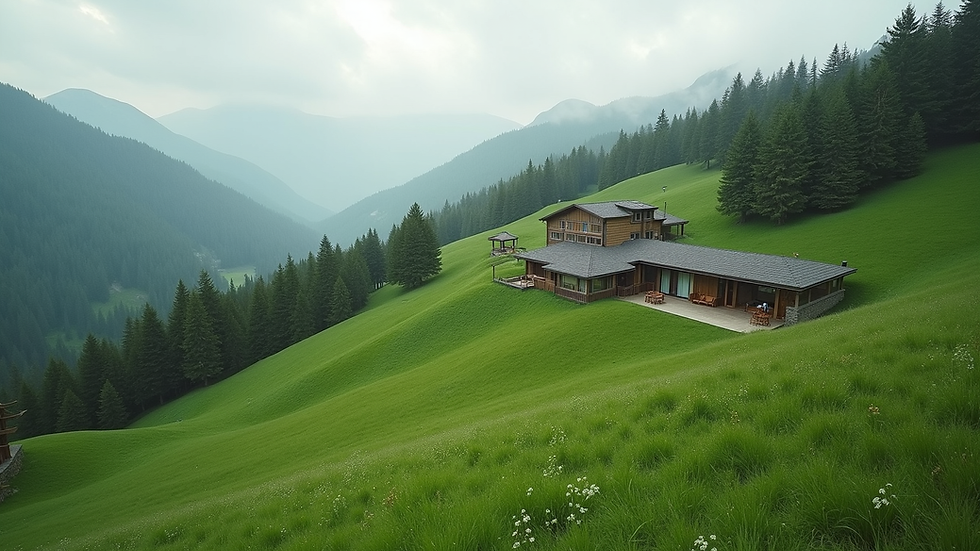Wide angle view of a peaceful retreat center nestled in lush green hills
