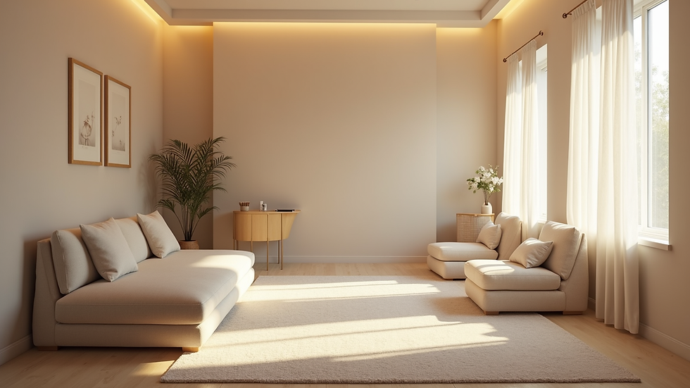 High angle view of a calm therapy room with soft lighting and comfortable seating