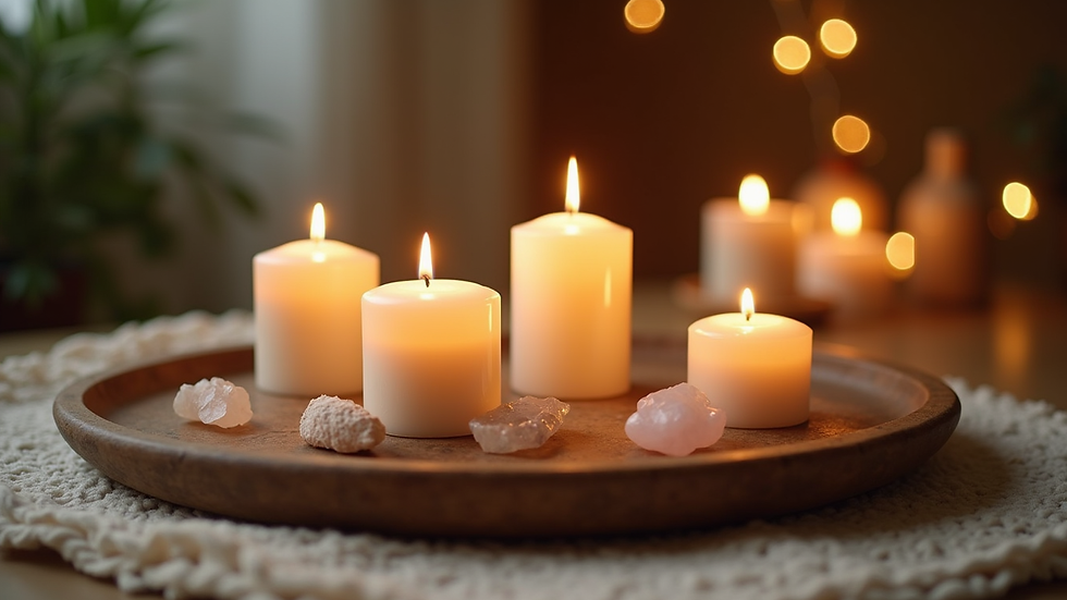Close-up view of a serene Reiki altar with candles and crystals