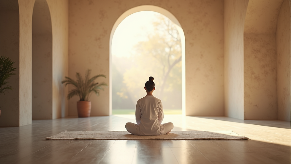 Eye-level view of a serene meditation space with natural light
