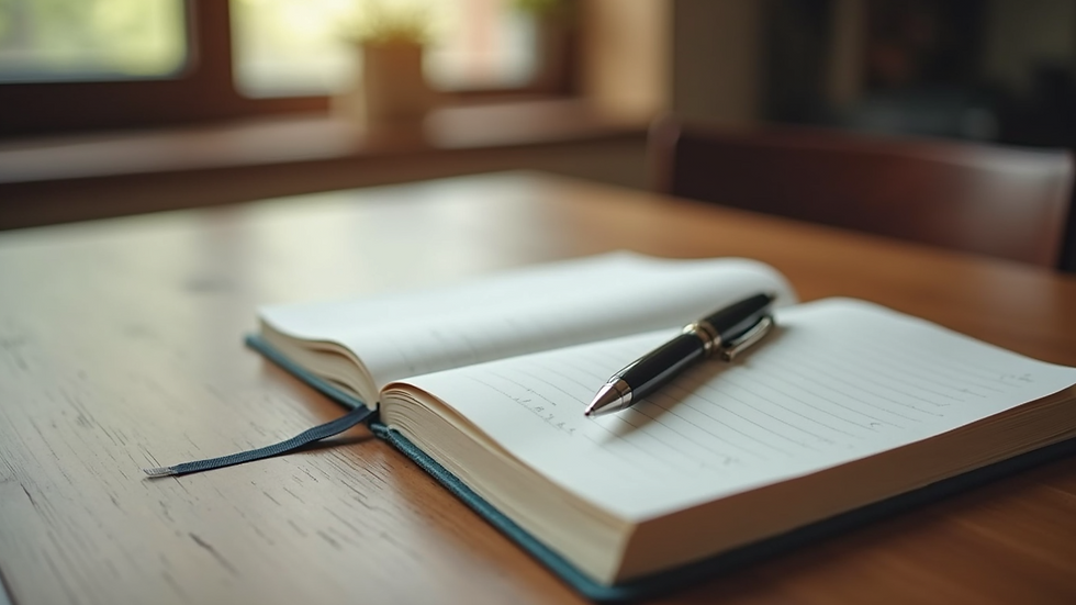 Close-up view of a journal and pen on a wooden table, symbolizing mental and emotional health