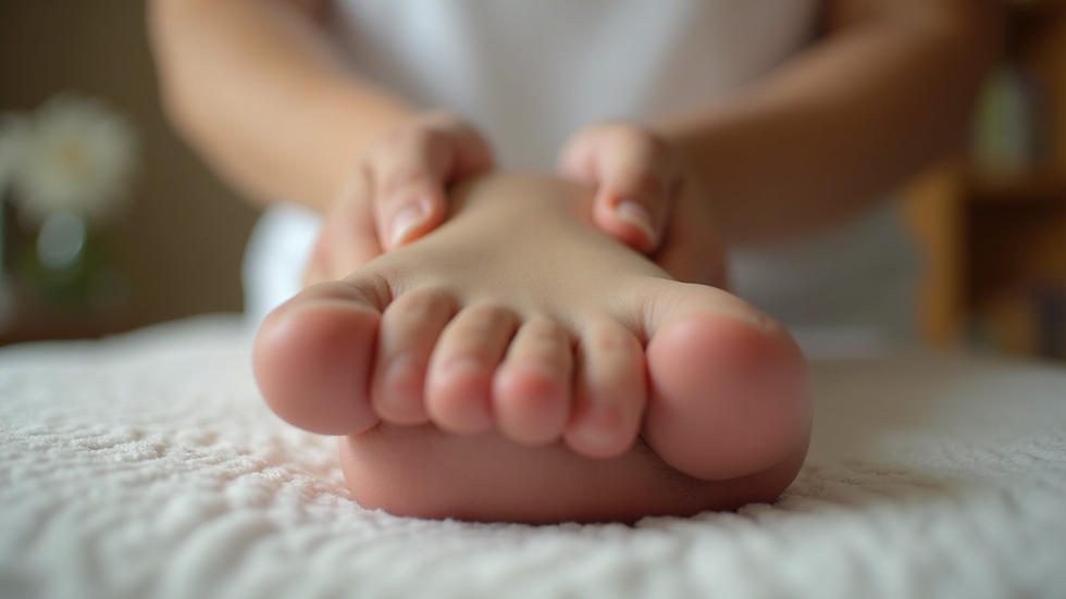 High angle view of a foot being gently massaged during reflexology