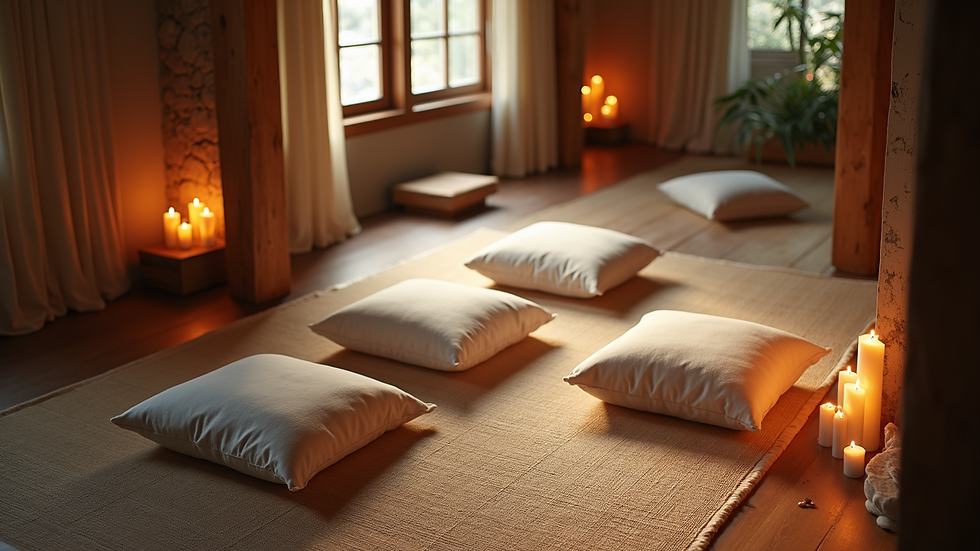 High angle view of a peaceful meditation space with cushions and candles