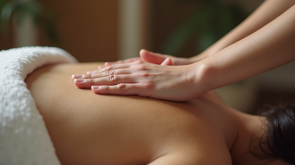 Close-up view of Reiki practitioner’s hands gently placed on a client’s shoulder