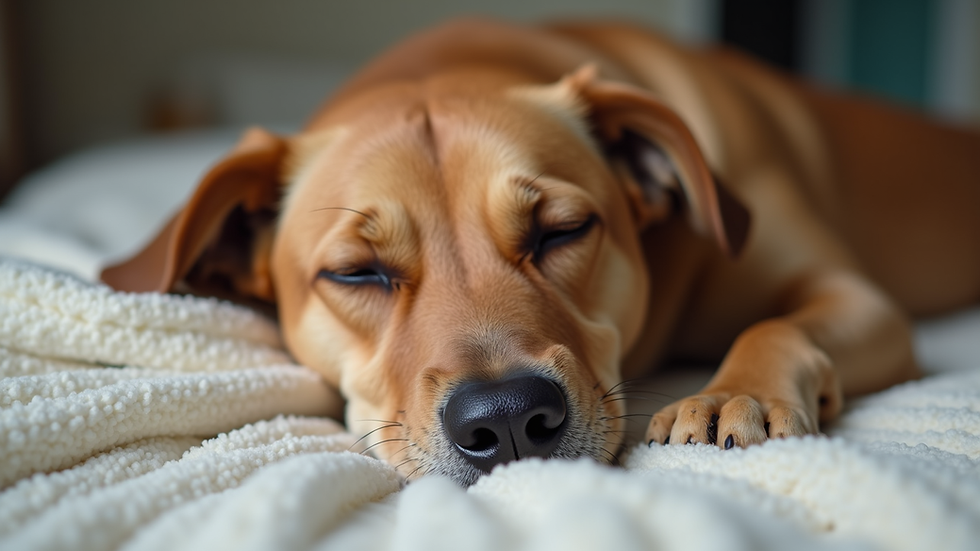 Close-up view of a calm dog resting peacefully on a soft blanket