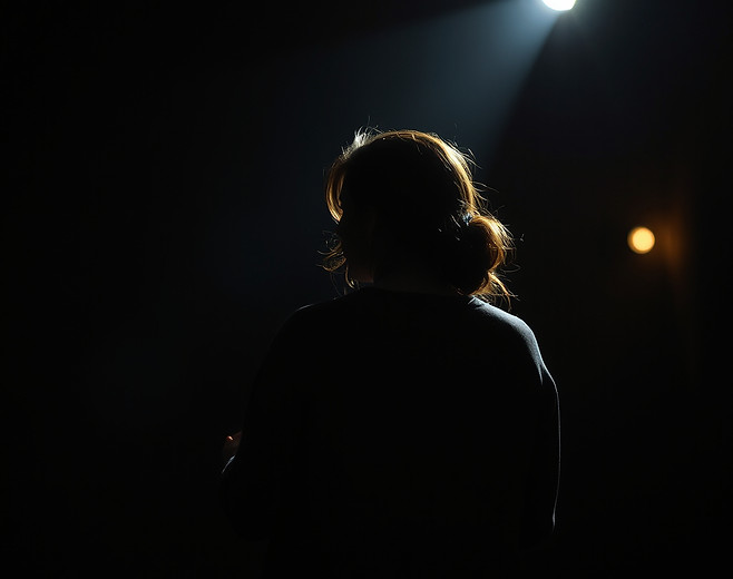 poet, dark room, ambiant lighting, woman 200 pounds you cant see her face she has her back