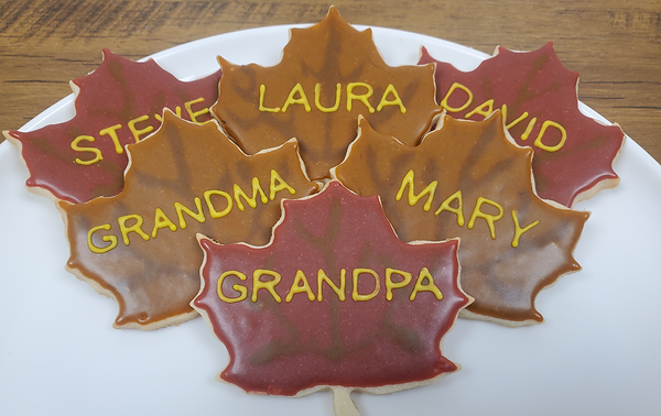 custom named thanksgiving fall themed leaf frosted sugar cookies