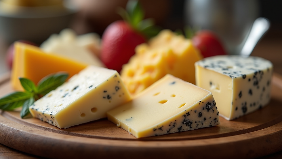 Close-up view of a selection of cheeses on a charcuterie board