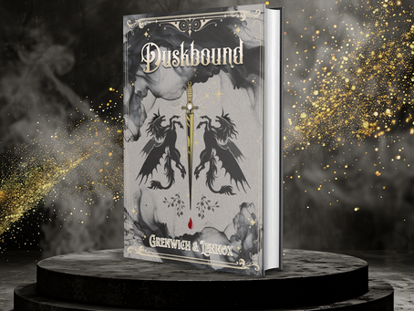 A book titled "Duskbound" with artwork of a sword and two magical creatures sits on a circular platform. Golden sparkles and smoke float in the dark background. Authors: Greenwich & Lennox.