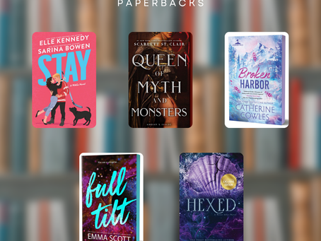 Five paperback book covers against a blurred bookshelf with text: "B&N 3 for $25 paperbacks." Books listed include Stay by Elle Kennedy and Sarina Bowen, Queen of Myth and Monsters by Scarlett St. Clair, Broken Harbor by Catherine Cowles, Full Tilt by Emma Scott, and Hexed by Emly McIntire.