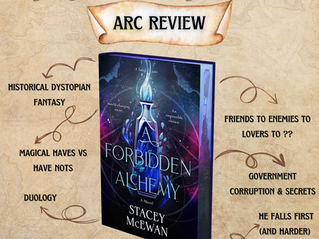 Fantasy book cover of "A Forbidden Alchemy" by Stacey McEwan. Book features a glowing vial on the cover and an emptying vial on the spredges. Arrows lead off of book: historical dystopian fantasy, magical haves vs have nots, duology, class war and rebellion, friends to enemies to lovers to ??, government corruption and secrets, he falls first (and harder).