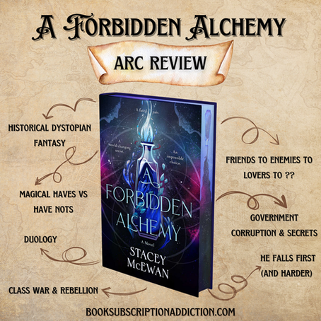 Fantasy book cover of "A Forbidden Alchemy" by Stacey McEwan. Book features a glowing vial on the cover and an emptying vial on the spredges. Arrows lead off of book: historical dystopian fantasy, magical haves vs have nots, duology, class war and rebellion, friends to enemies to lovers to ??, government corruption and secrets, he falls first (and harder).