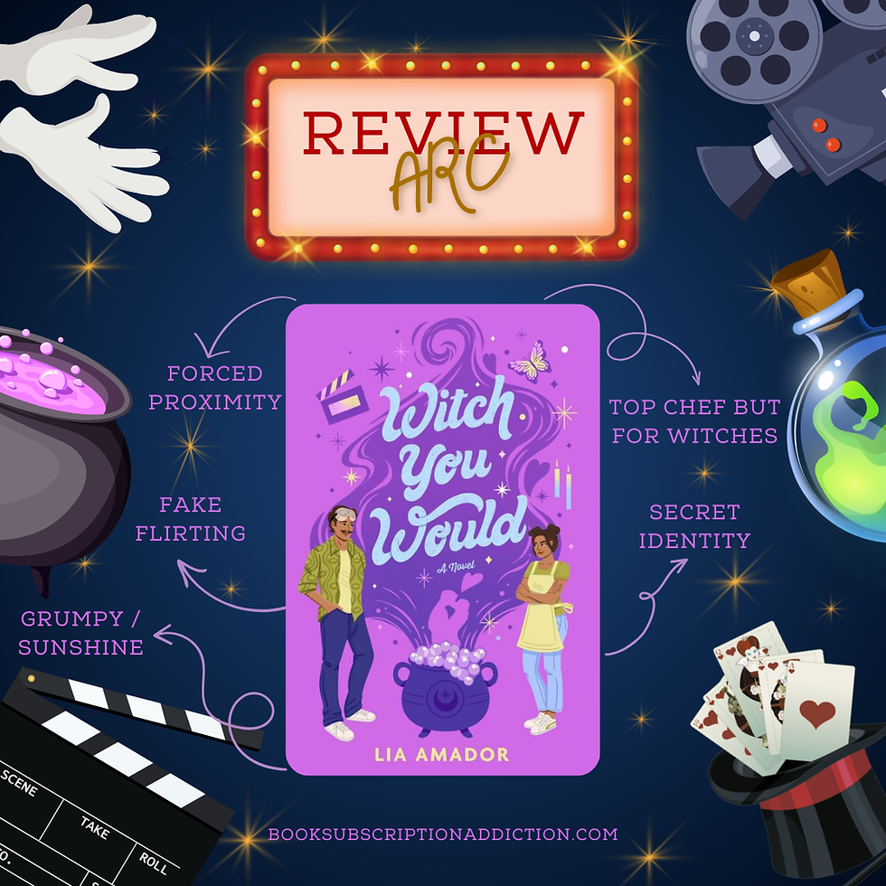 Book cover for "Witch You Would" by Lia Amador, featuring a cauldron, camera, and magic theme. Arrows leading off the book: grumpy / sunshine, fake flirting, forced proximity, top chef but for witches, secret identity.
Text: Review ARC, booksubscriptionaddiction.com.