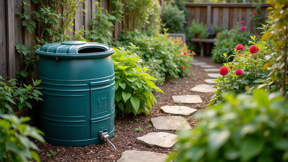 High angle view of a rain barrel collecting water in a garden