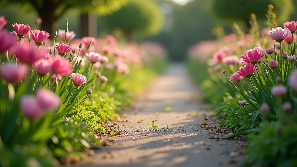 Eye-level view of a peaceful garden path lined with blooming flowers