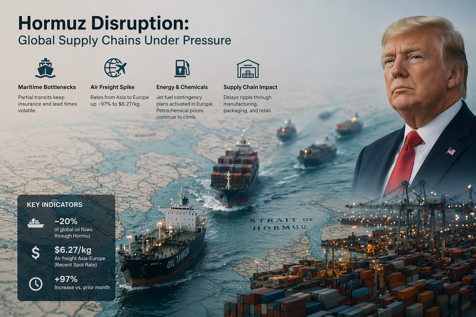 Donald Trump. Hormuz Disruption Enters Volatile Phase as Supply Chains Absorb Energy, Air Freight and Materials Shock