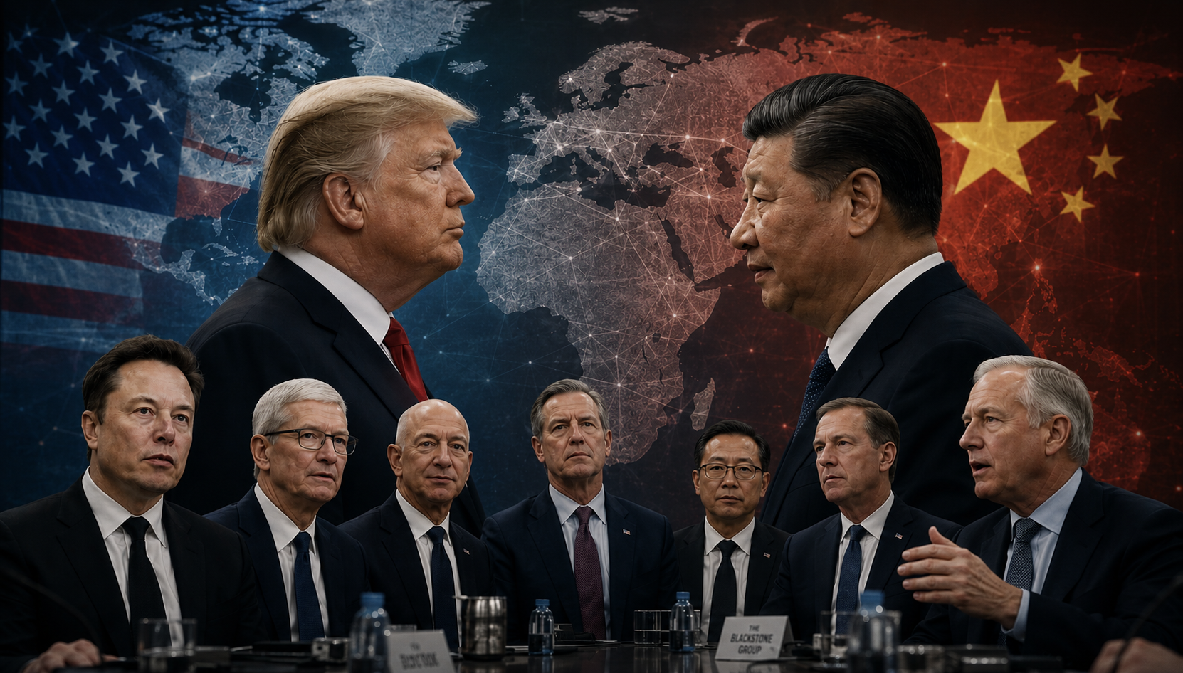 Joined the visit to China: Elon Musk (Tesla, Twitter, SpaceX), Tim Cook (Apple), Stephen Schwarzman (Blackstone), Jamie Dimon (JPMorgan Chase), Darren Woods (ExxonMobil), Albert Bourla (Pfizer), and Jane Fraser (Citigroup)
