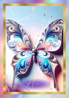 un fluture cu aripi de culori pastel pe un fundal bleu cu margele aurii si rama aurie