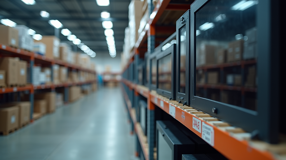 Eye-level view of a warehouse shelf stocked with electronic display panels