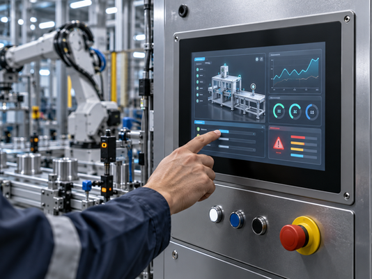 Industrial human-machine interface touchscreen connected to factory automation equipment