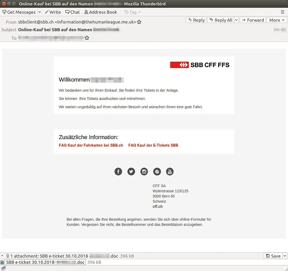 Phishing E-Mail der SBB - Bitte Absender E-Mail beachten
