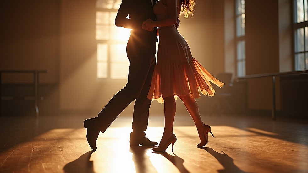 Eye-level view of a dance studio with a couple practicing ballroom steps