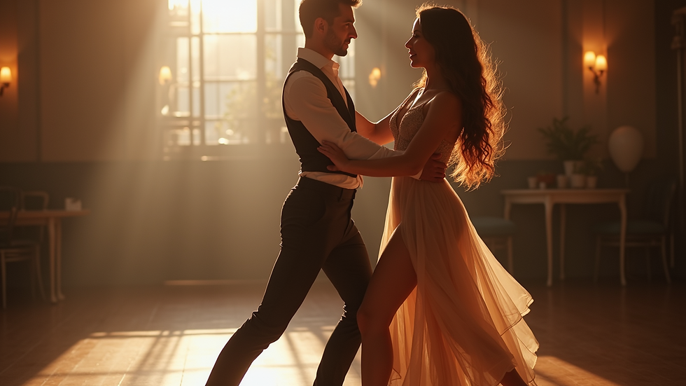 Close-up view of a dance instructor guiding a couple through steps