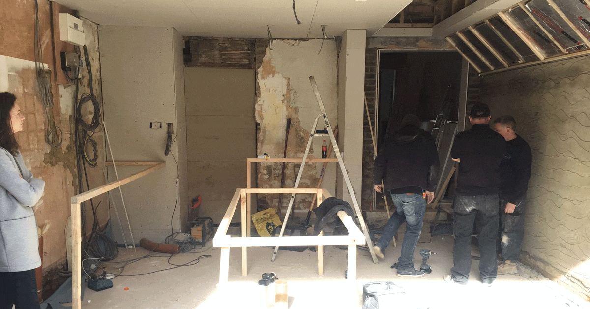A simple wooden frame helps plan kitchen island ideas at the home in Fulham, West London