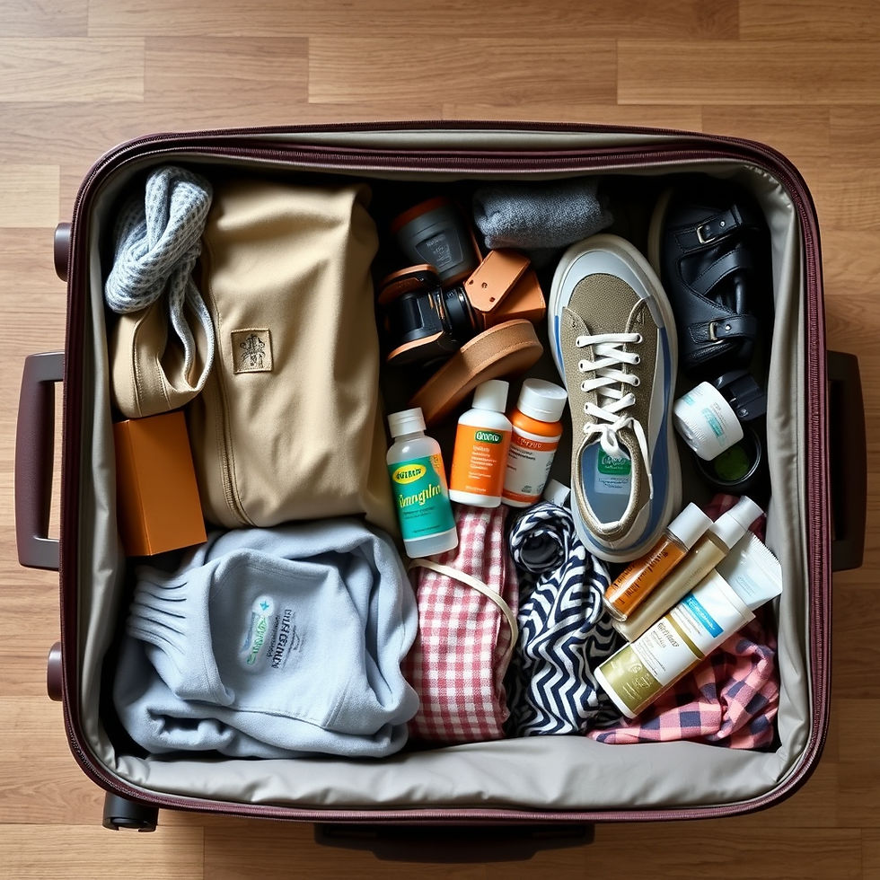 Eye-level view of a pharmacist's travel health kit with medicines and vaccine vials