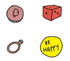 The illustration of four tiny objects: a coin, a dice, a ring and a pin with the sentence "Be happy""