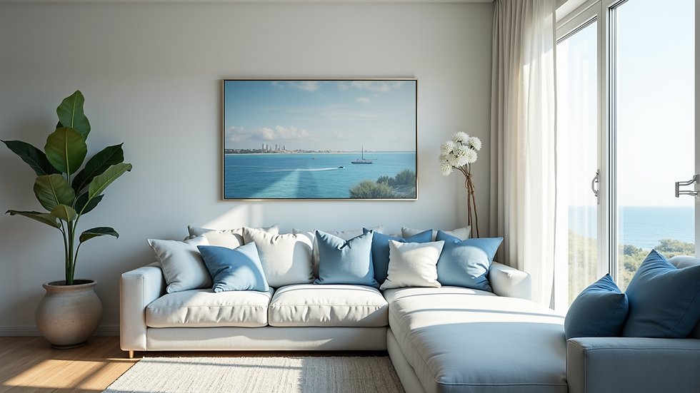 Eye-level view of a bright living room with blue and white coastal decor