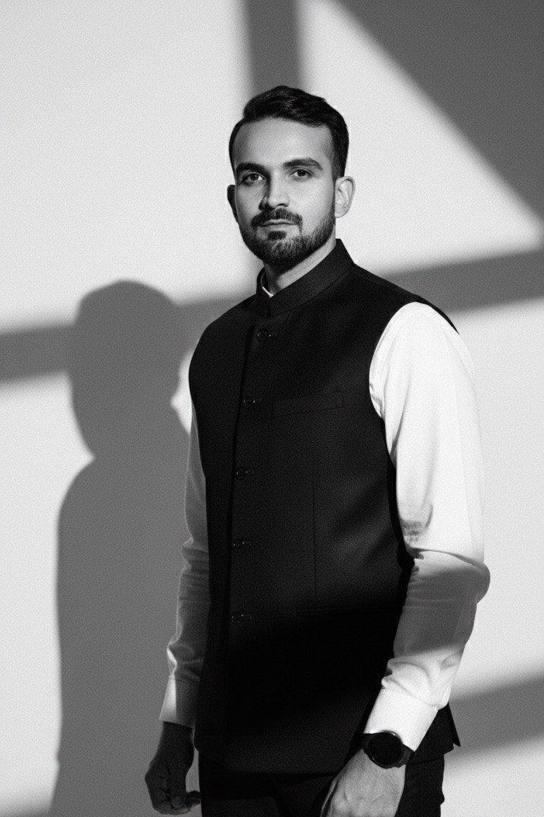 Black-and-white portrait of Manu Menon in a Nehru jacket