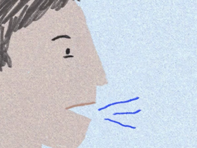 Illustrated side profile of a person with short dark hair and an open mouth, with two blue curved lines in front of the mouth to represent speaking or sound.