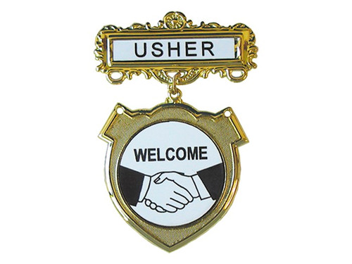 Welcome Pin Badge-Usher Welcome-Pin Back-Shield-Brass | MagnoliaChrisitian