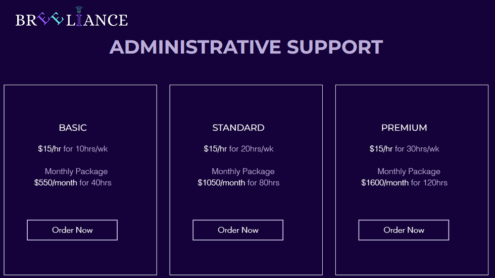 Breeliance's administrative support services rate card.